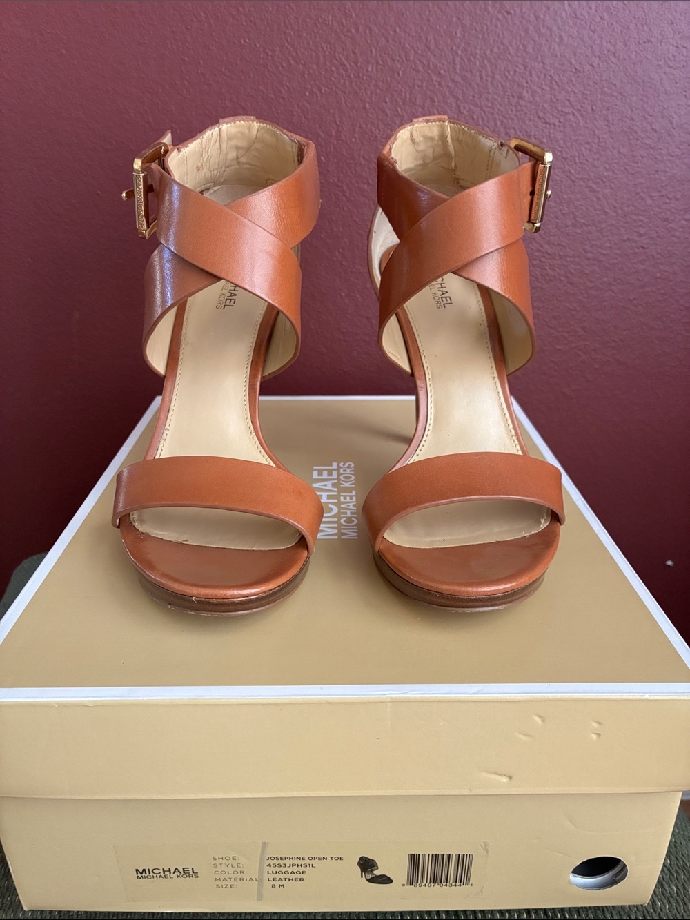 Michael Kors Luggage Leather Josephine Open Toe High Heel Sandals - Picture 2 of 9